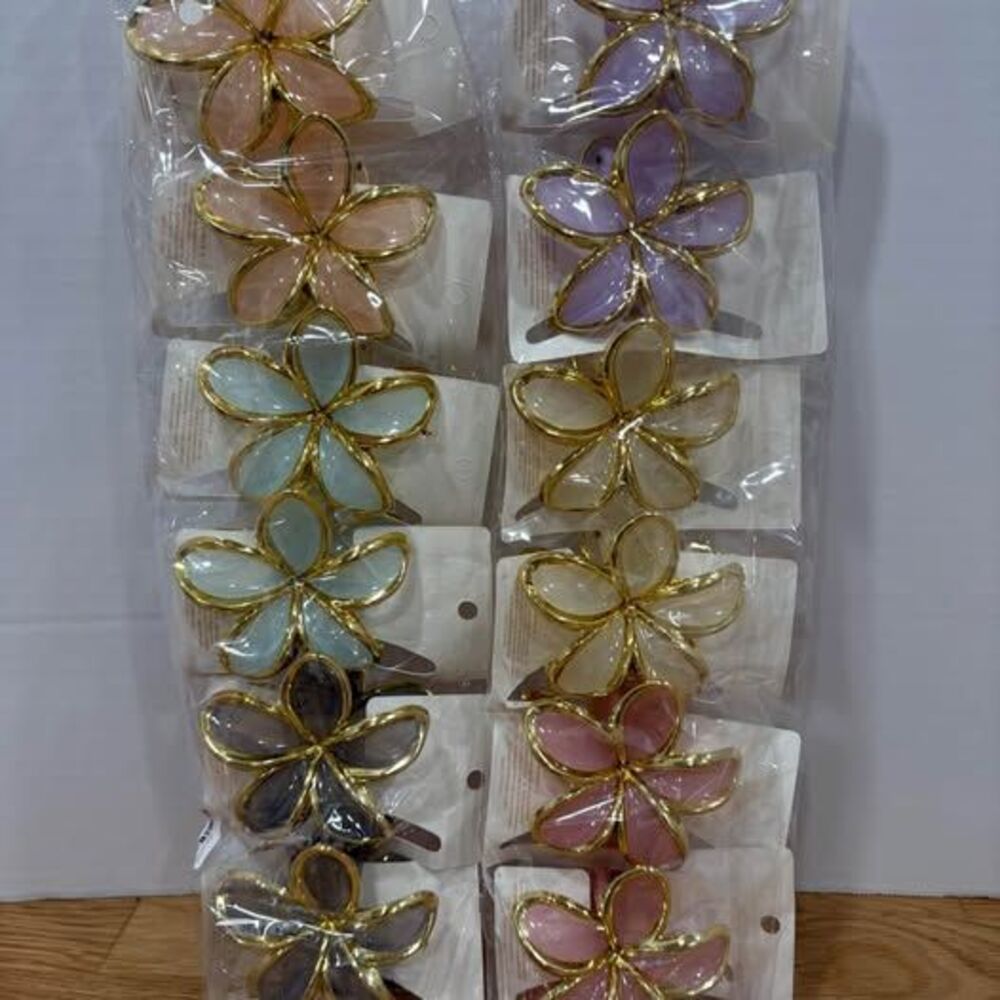 12 Gold-Trim Flower Hair Claw Clips – Assorted